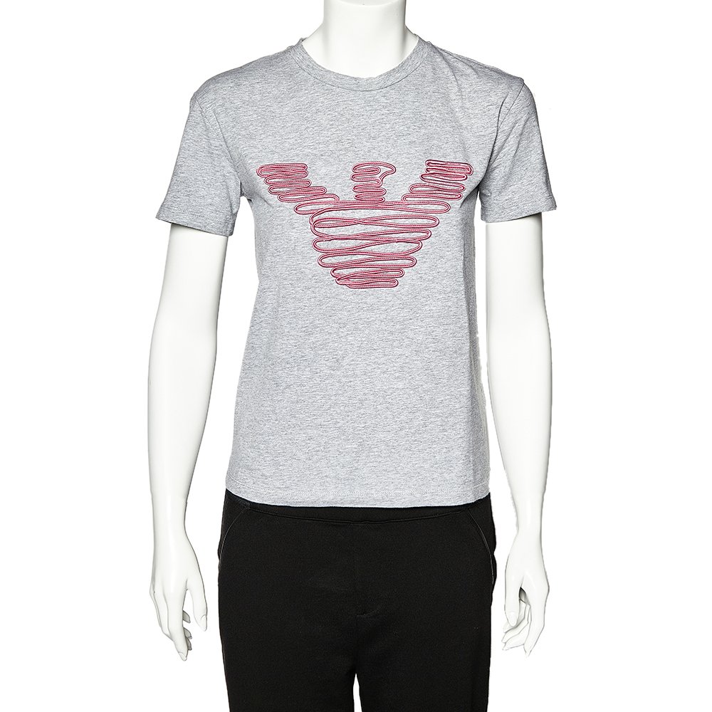 Emporio Armani Grey Cotton Logo Embroidered Crew Neck T-Shirt S