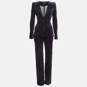 Emporio Armani Navy Blue Stripe Velvet Knit Blazer and Pants Suit M