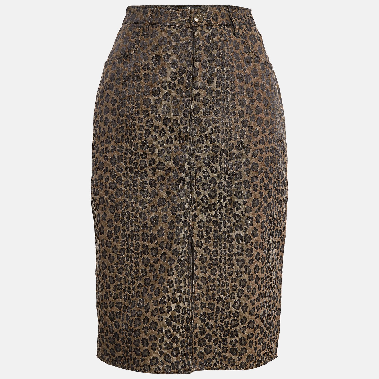 Fendi Jeans Vintage Brown Leopard Patterned Jacquard Midi Skirt L