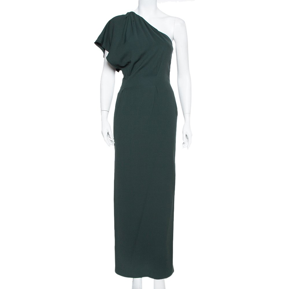 Fendi Dark Green Crepe One Shoulder Maxi Dress S