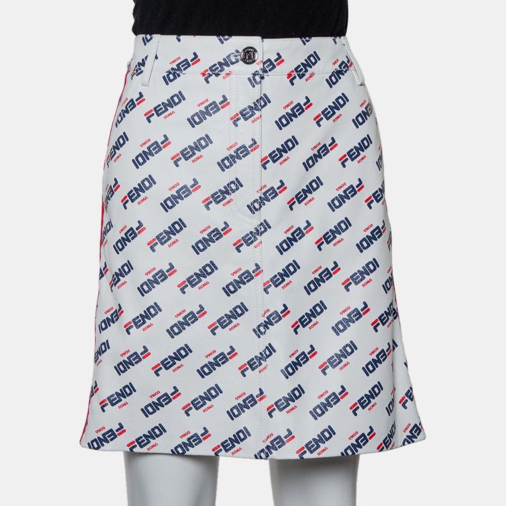 Fendi White Allover Fendi Mania Logo Leather Mini Skirt M