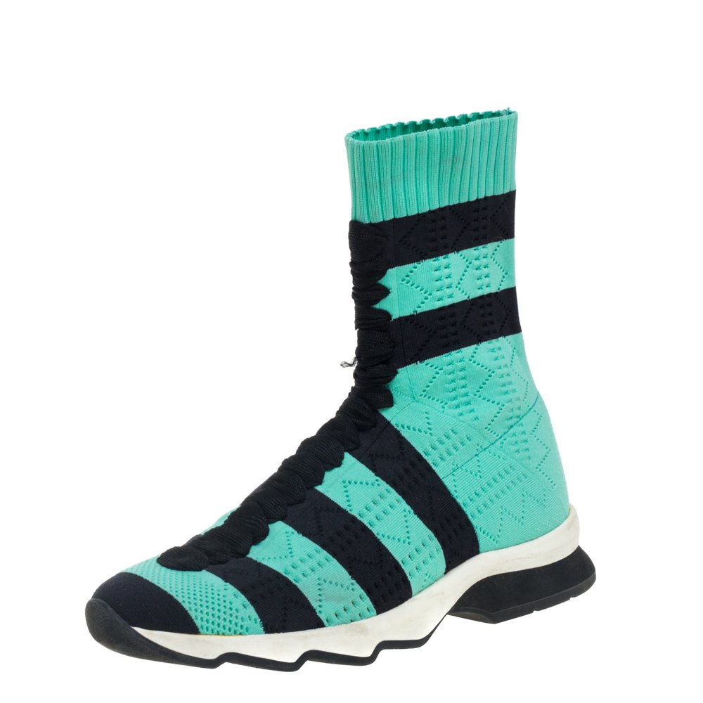 Fendi Green/Black Knit Fabric Striped Sock Sneakers Size 36