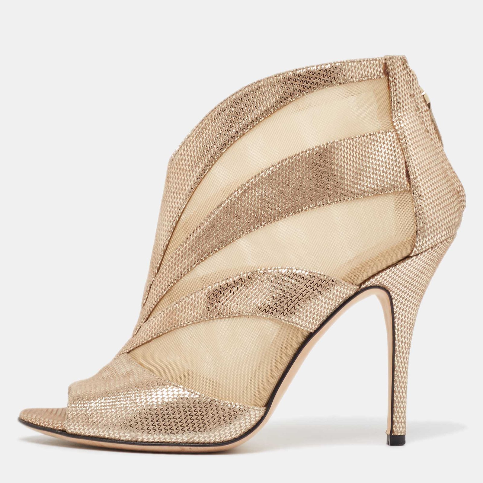 Fendi Metallic/Beige Laminated Suede and Mesh Open Toe Ankle Booties Size 38
