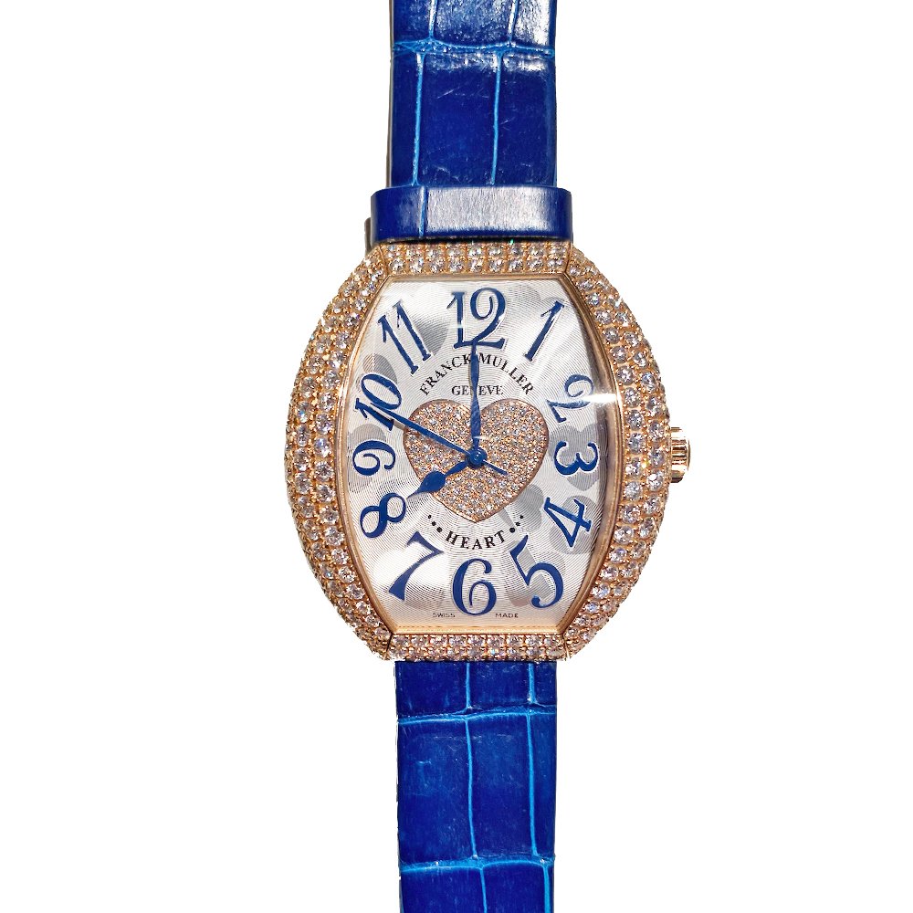 Franck Muller Silver 18K Rose Gold Leather Diamond Pave Heart 5000 H SC D3 1P Women's Wristwatch 39mm