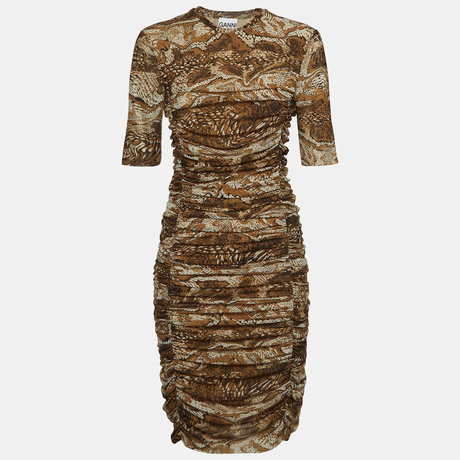 Ganni Brown Snake Print Jersey Ruched Mini Dress S
