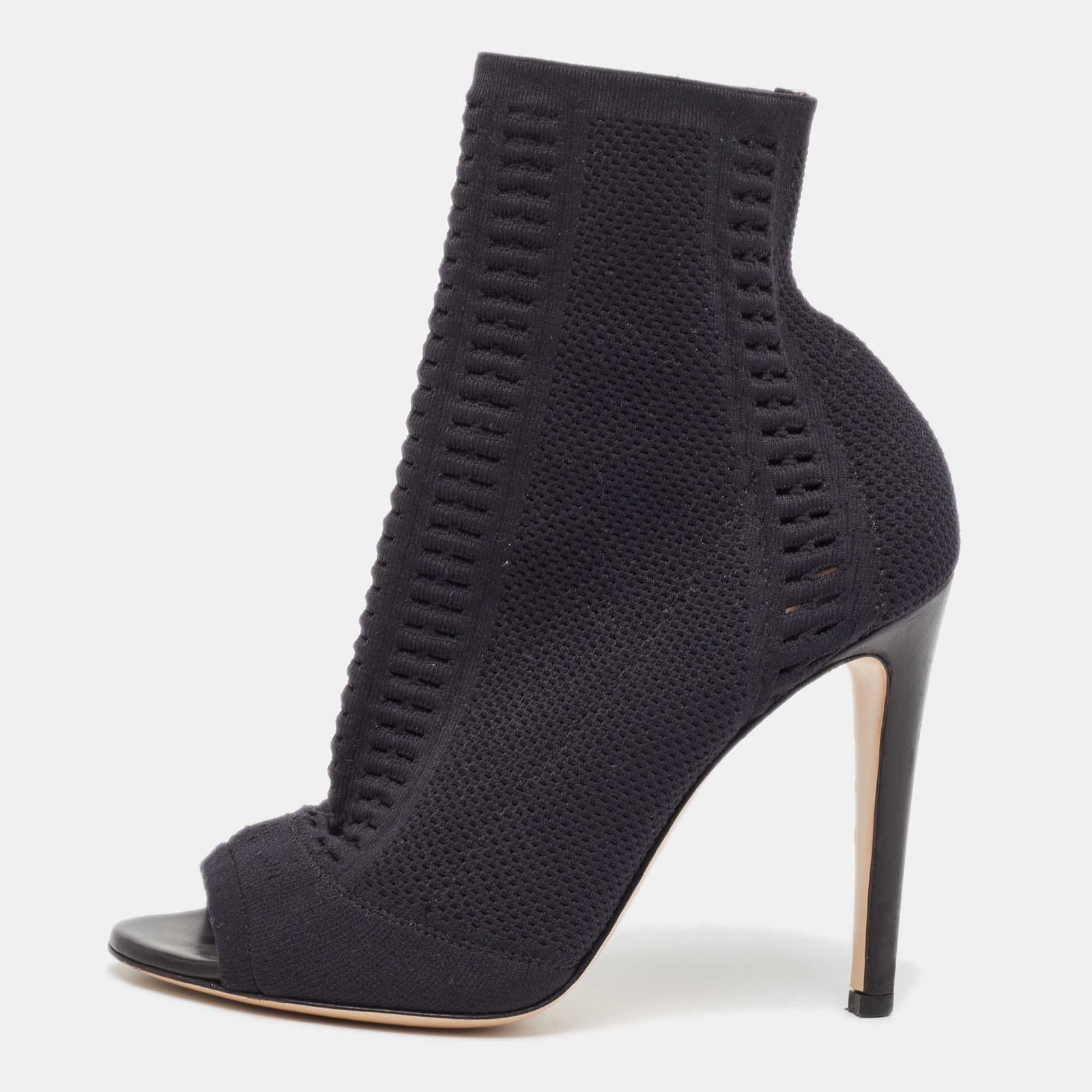 Gianvito Rossi Black Knit Fabric Open Toe Ankle Length Boots Size 37