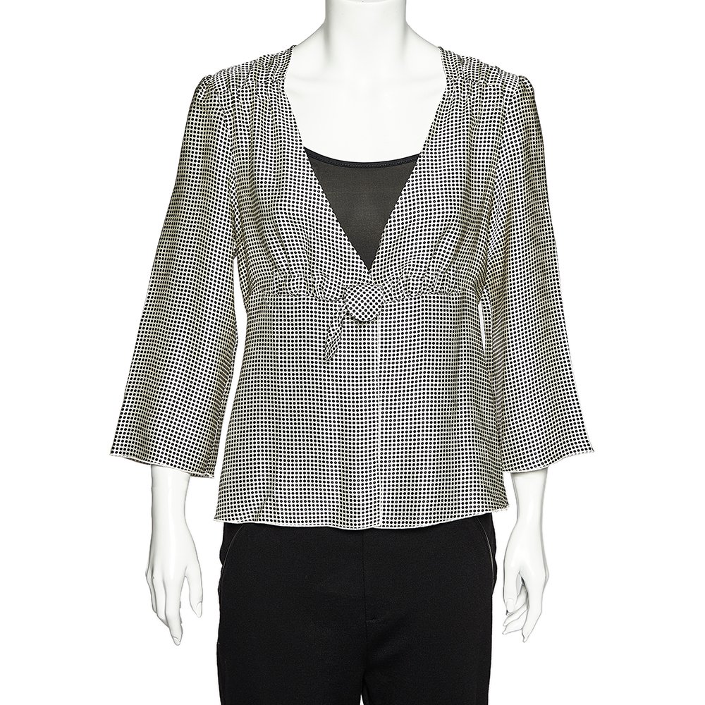 Giorgio Armani White Polka Dotted Silk Satin Gathered Blouse L