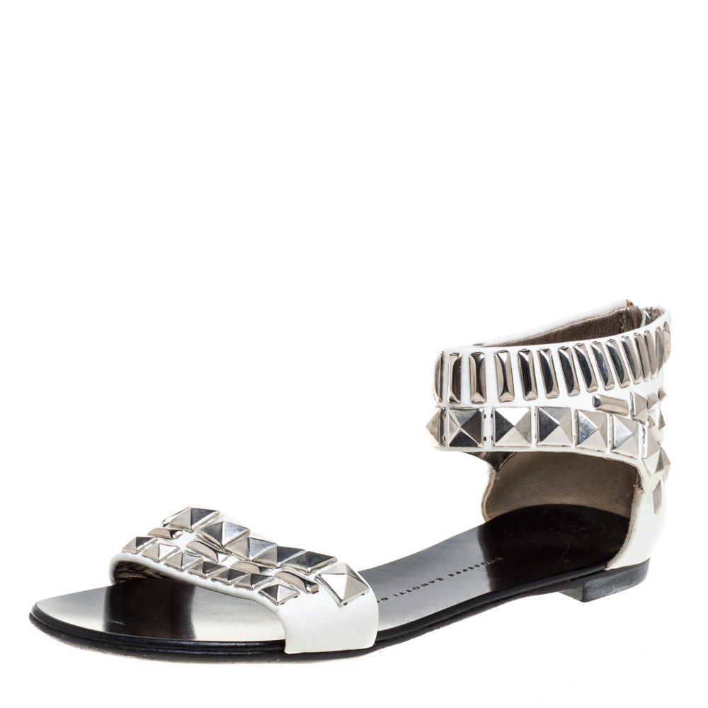 Giuseppe Zanotti White Leather Studded Ankle Cuff Zipper Flats Size 36