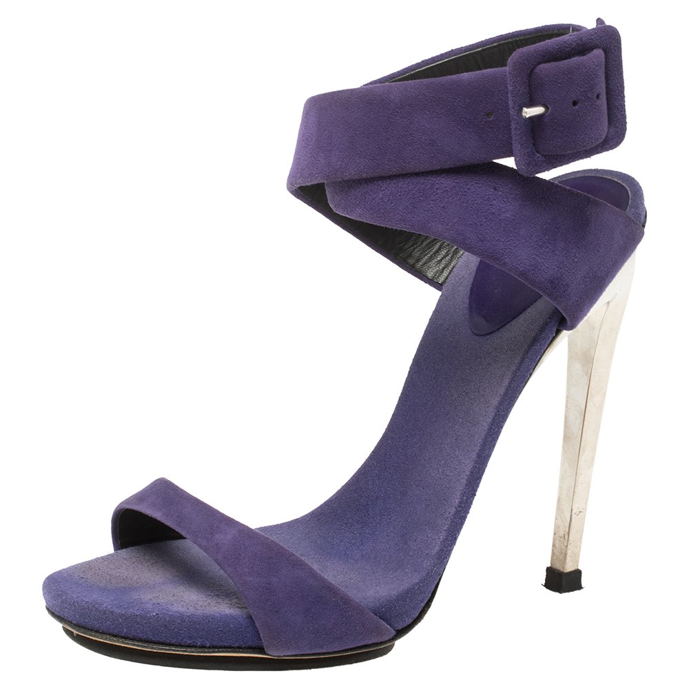 Giuseppe Zanotti Blue Suede Metal Heel Ankle Wrap Open Toe Sandals Size 36