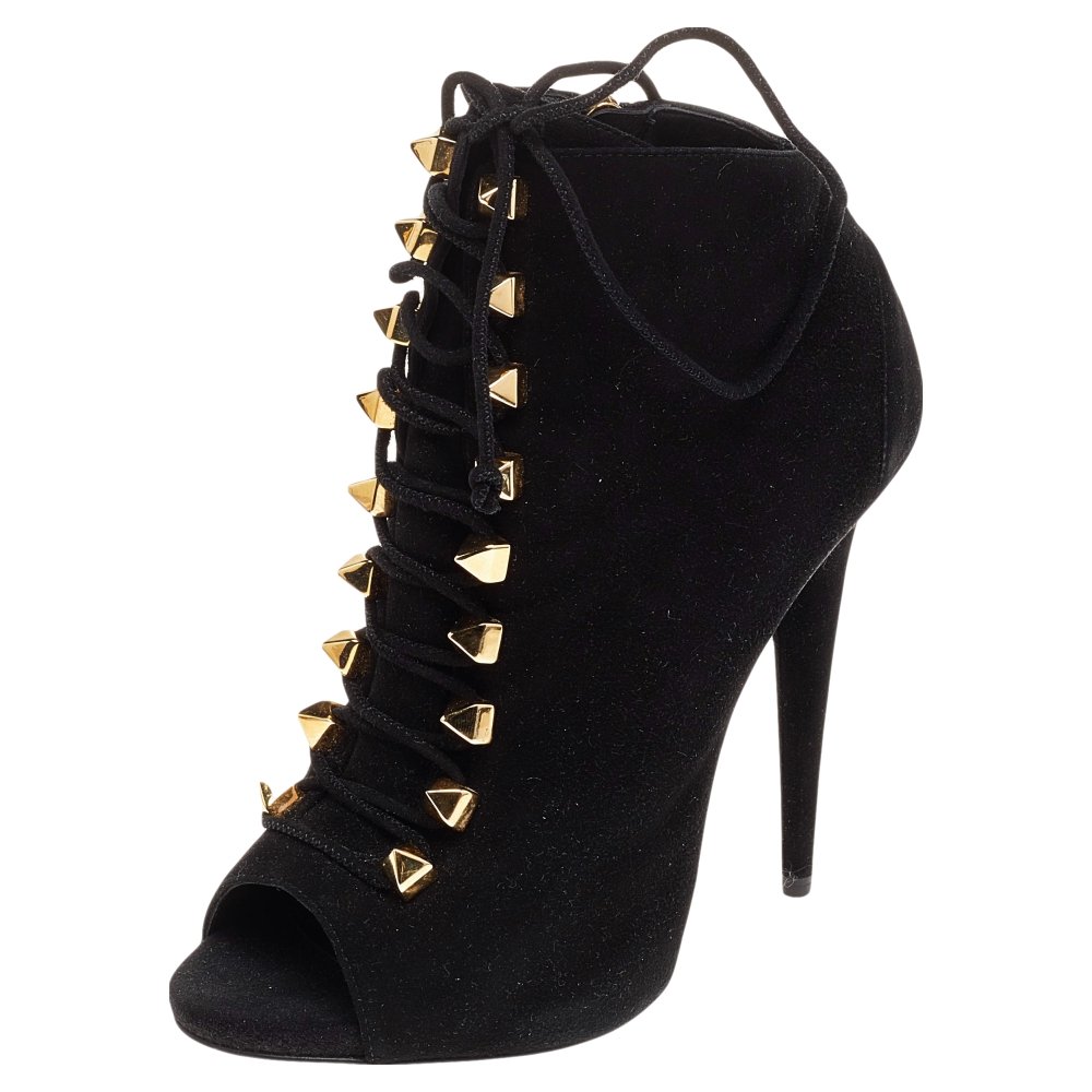 Giuseppe Zanotti Black Suede Lace Up Booties Size 38