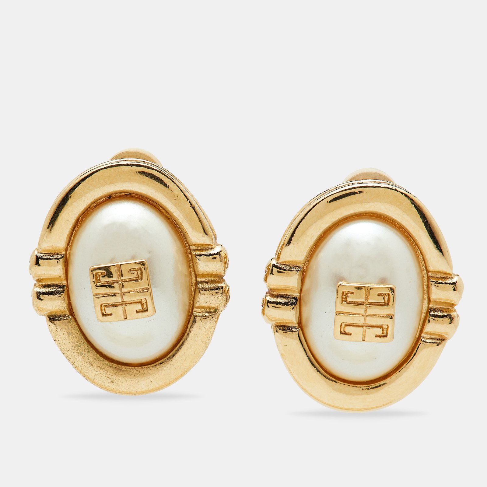 Givenchy Gold Tone GG Faux Pearl Clip-On Earrings