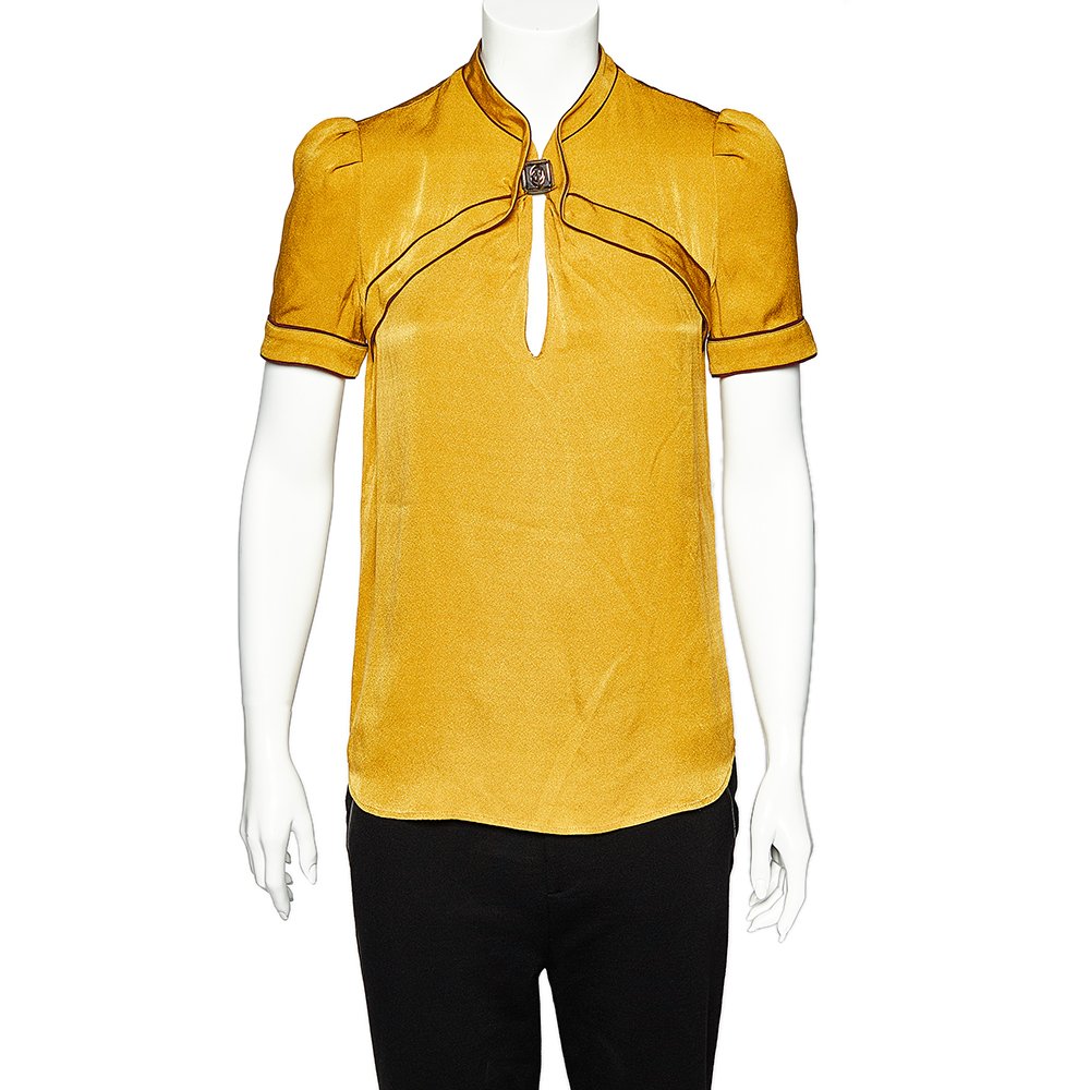 Gucci Mustard Yellow Silk Contrast Trim Top M