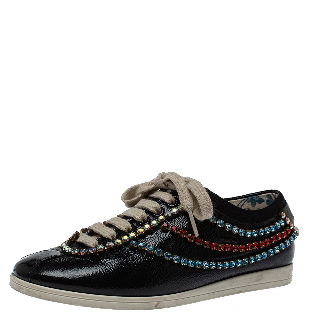 Gucci Black Leather Crystal Trim Sneakers Size 35