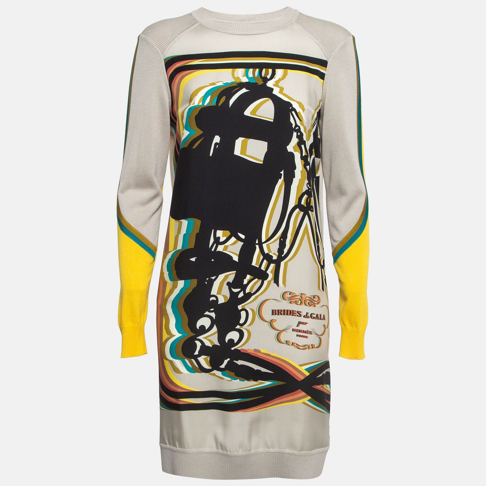 Hermes Beige 'BRIDES de GALA' print Silk and Knit Short Dress S