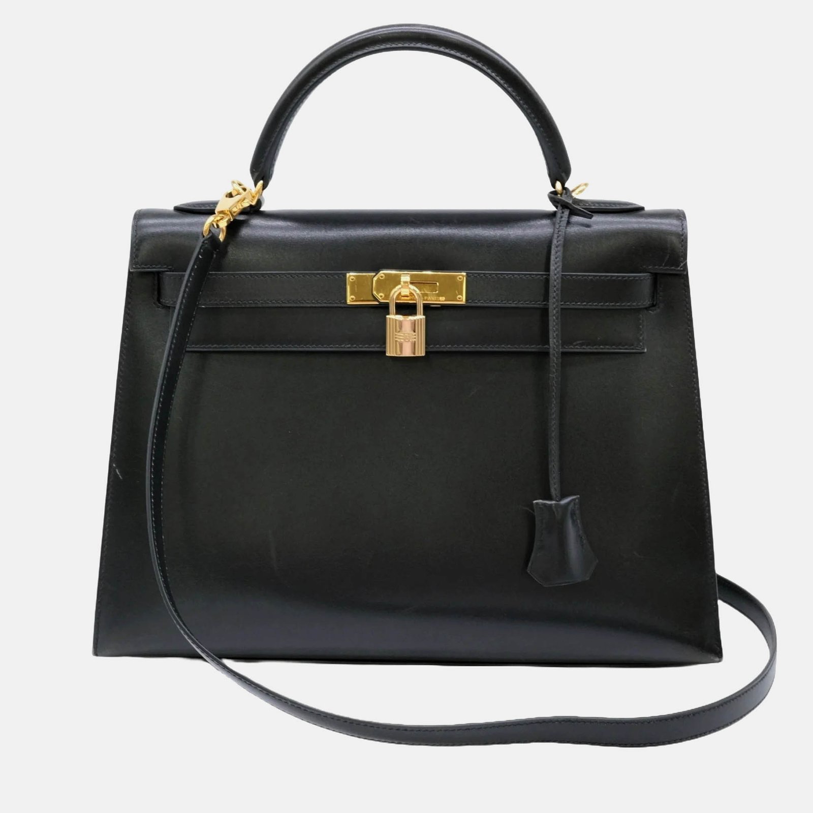 Hermes Black Box Calf Leather Kelly 32 Handbag