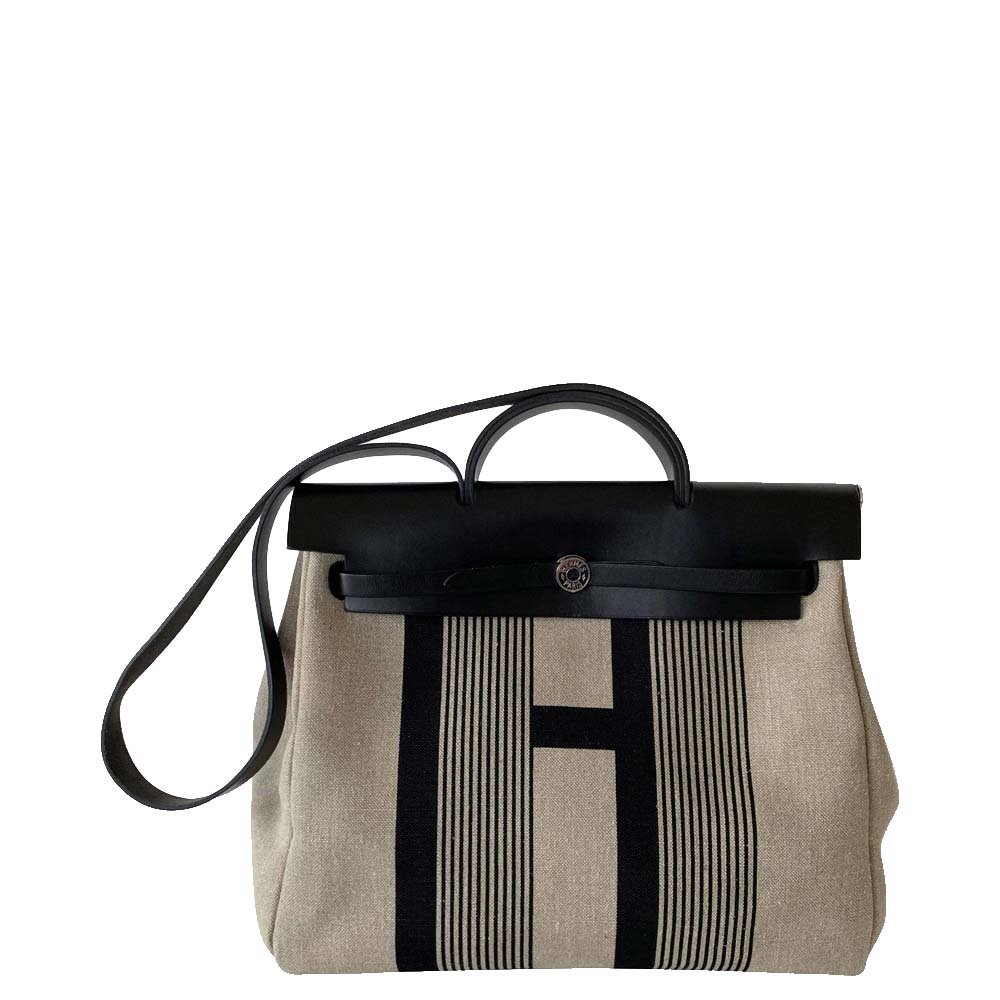 Hermes Beige/Black Canvas Herbag Zip 39 Tote Bag