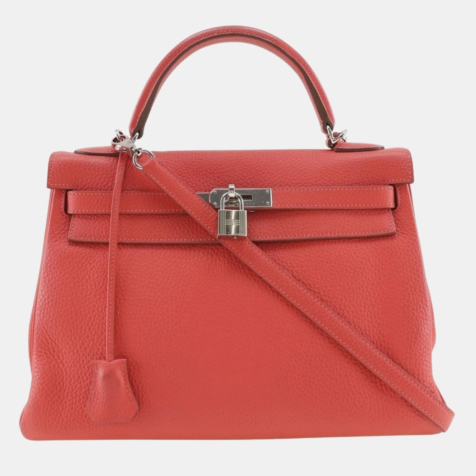 Hermes Coral Pink Taurillon Clemence Leather Kelly 32 Tote Bag