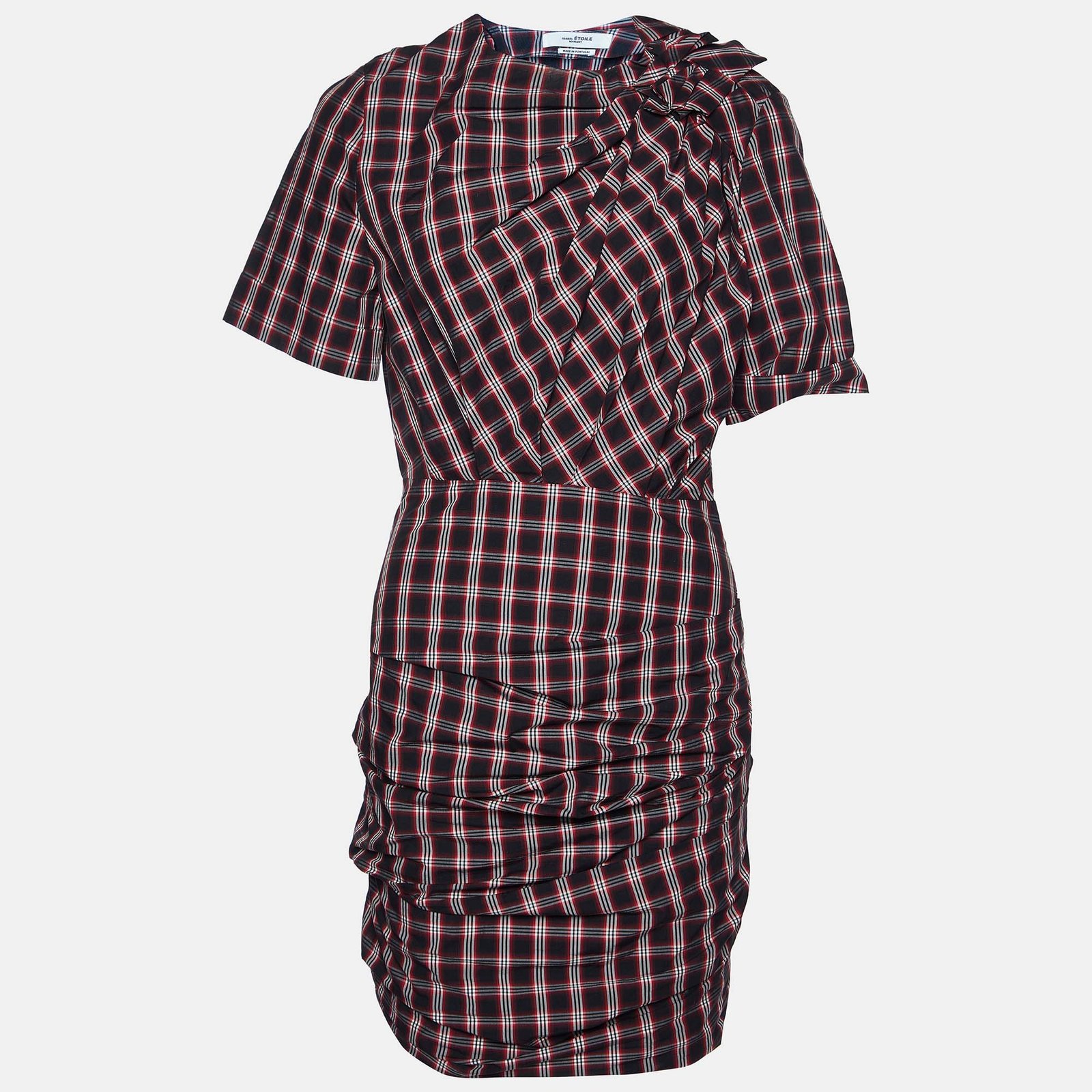 Isabel Marant Etoile Black/Red Plaid Pleated Cotton Oria Mini Dress S