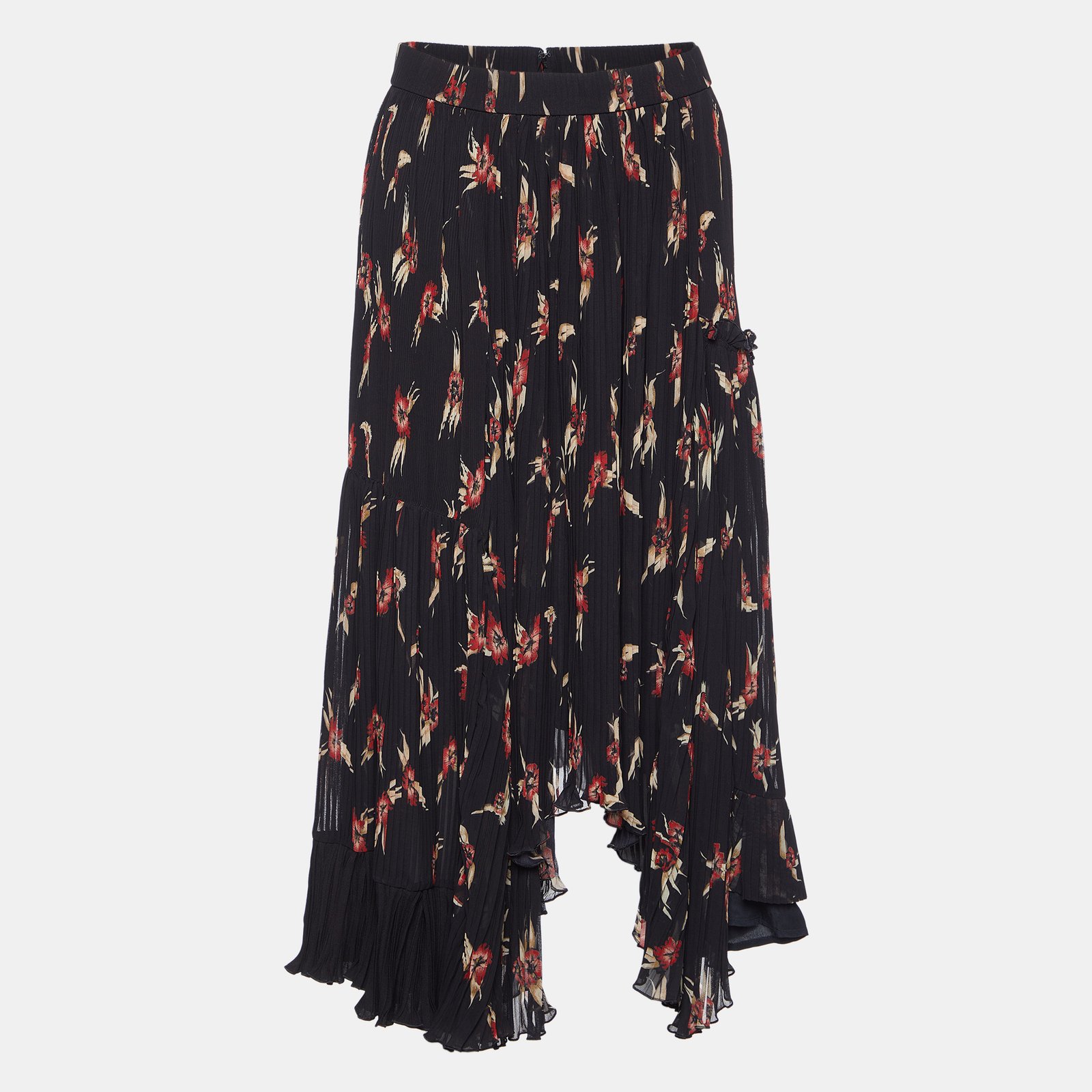 Isabel Marant Black Floral Print Crepe Pleated Midi Skirt S