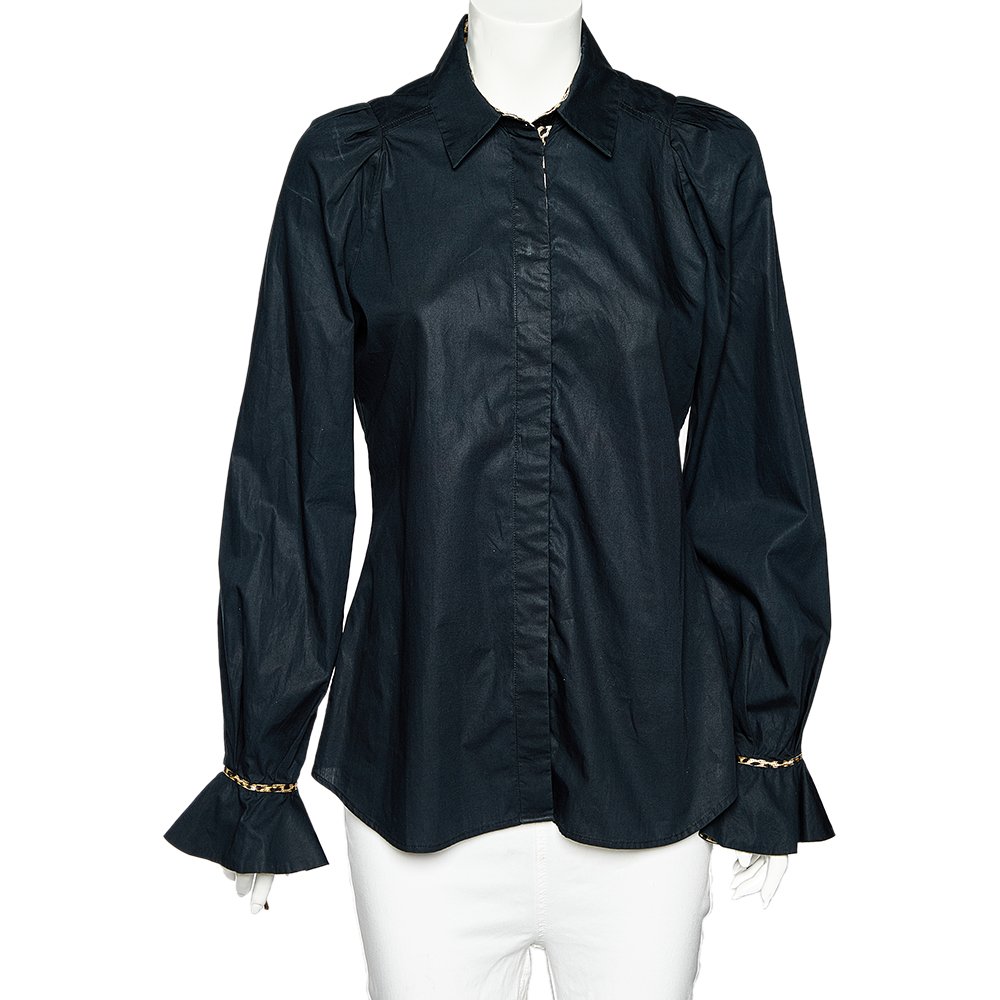 Just Cavalli Black Cotton Leopard Print Trim Button Front Shirt L