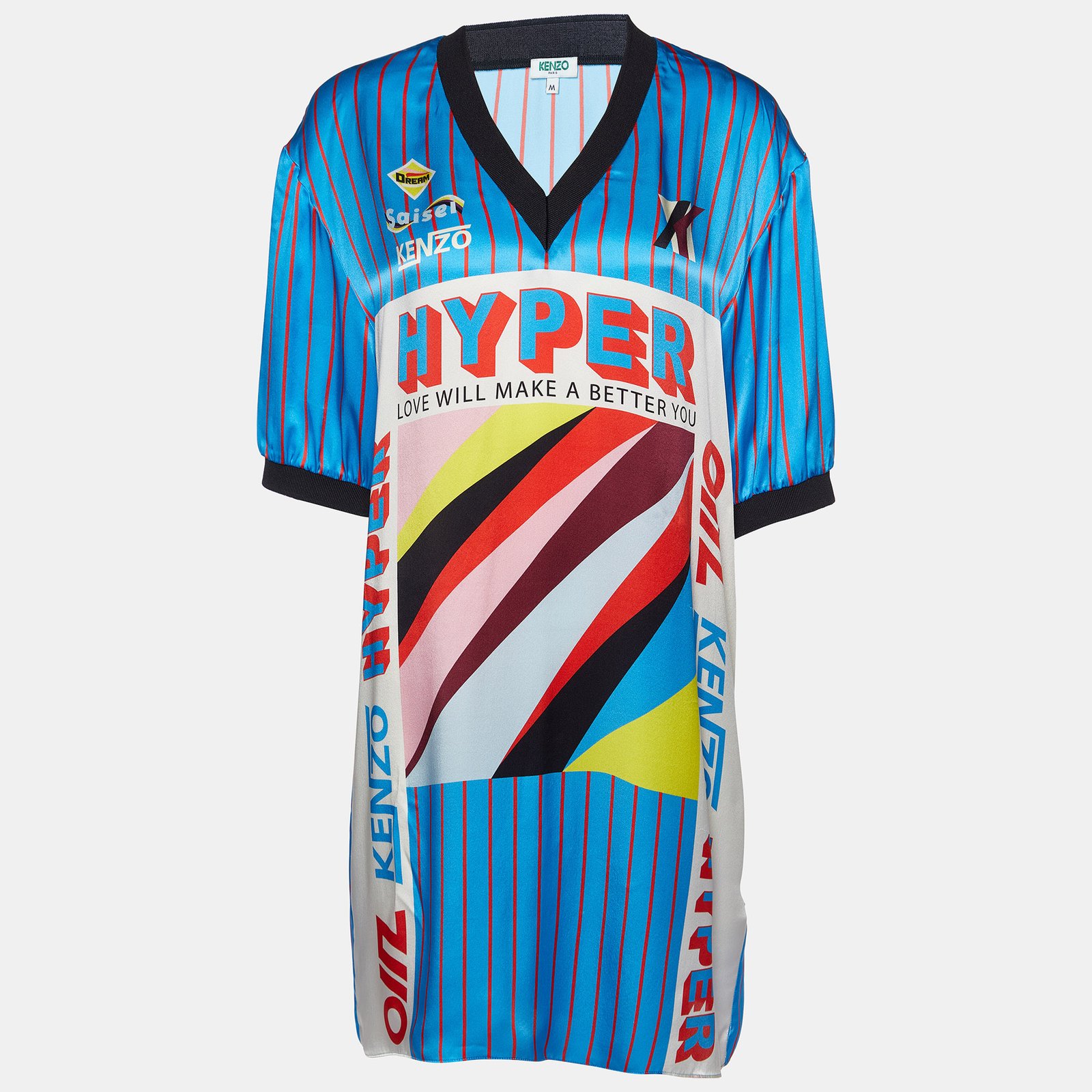 Kenzo Blue Hyper Stripe Print Silk Satin Shift Dress M