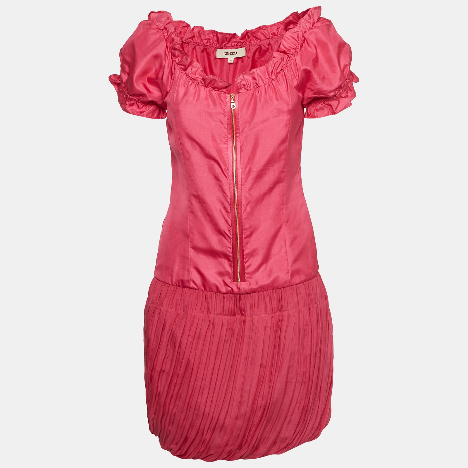 Kenzo Pink Silk Ruffled Zip Front Short Dress S