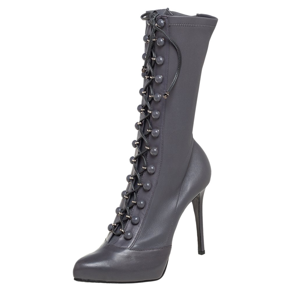 Le Silla  Grey Leather Lace Up Mid Calf Boots Size 40