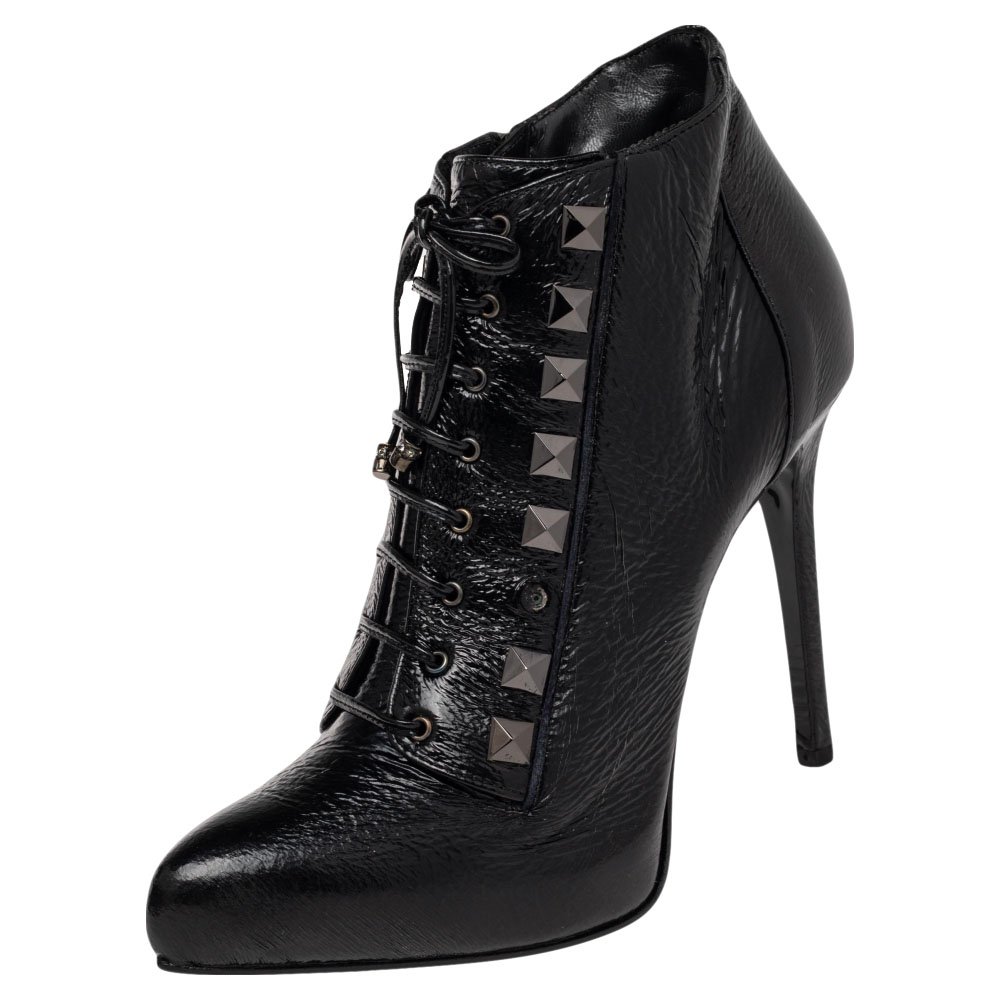 Le Silla Black Patent Leather Lace Up Studded  Ankle Booties Size 38.5