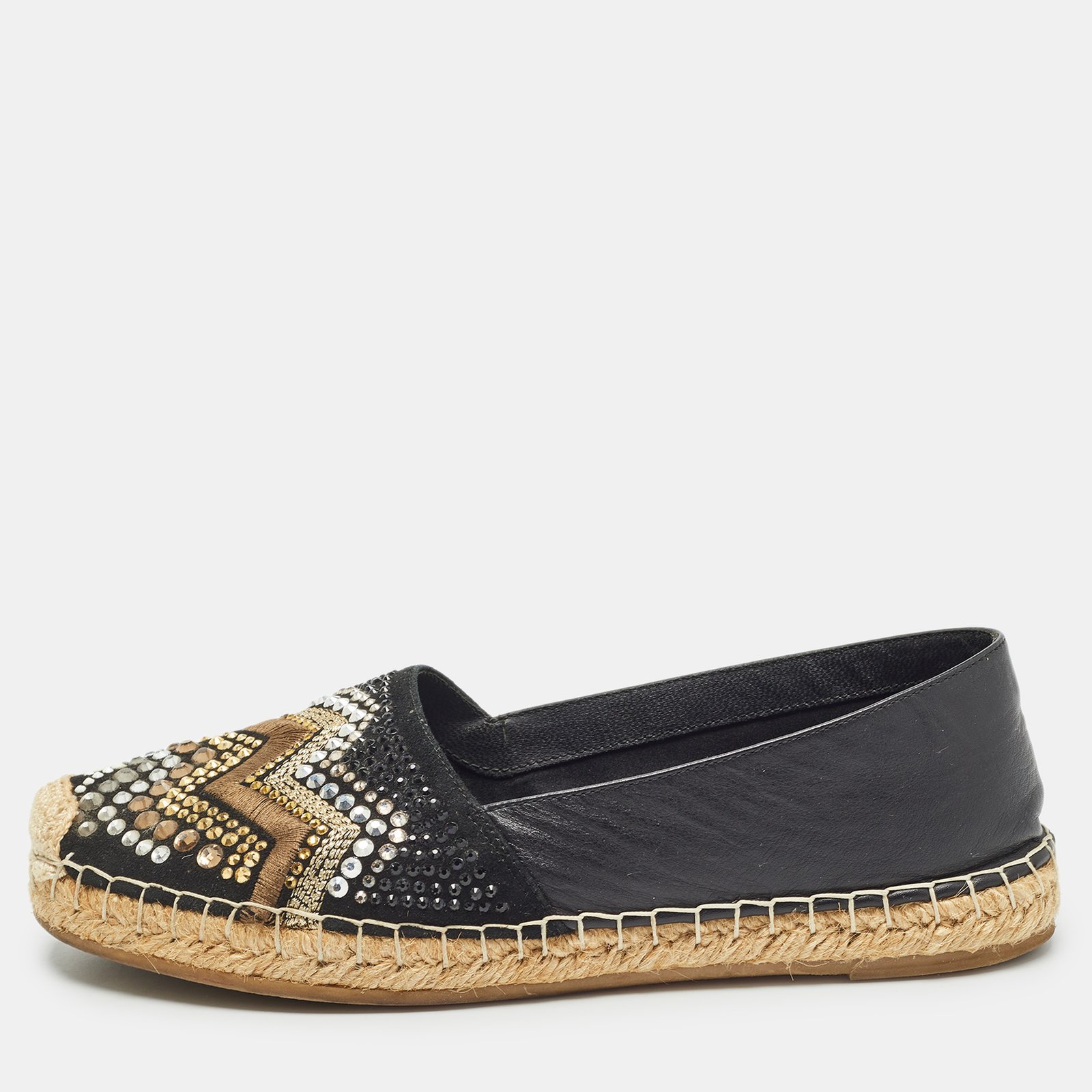Le Silla Black Leather and Embellished Suede Espadrille Flats Size 37