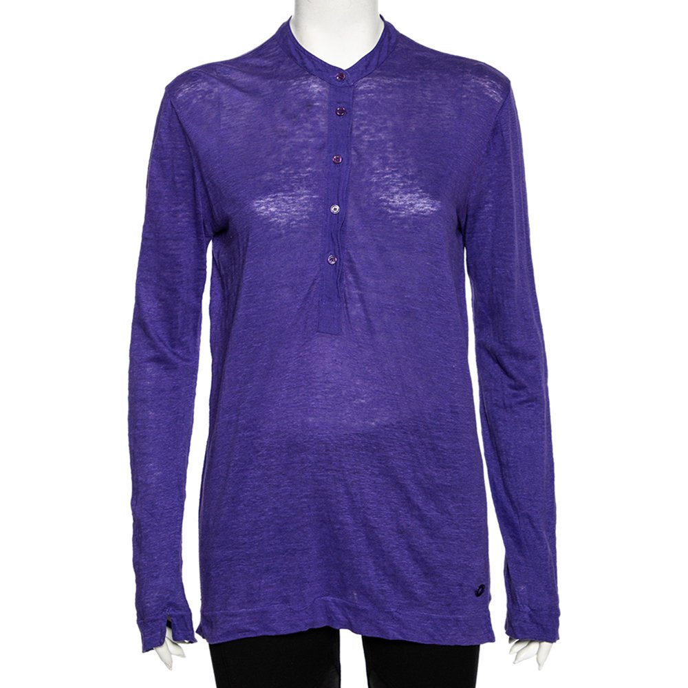 Loro Piana Purple Linen Long Sleeved Polo T-Shirt S