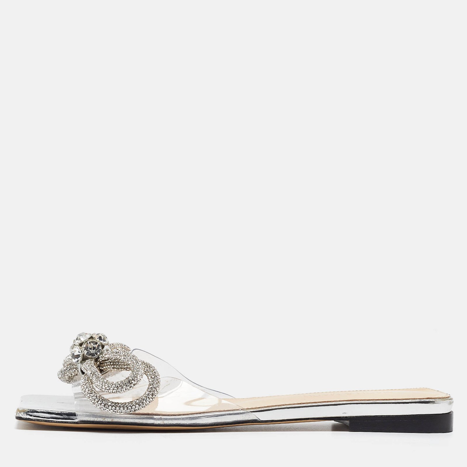 Mach & Mach Transparent PVC Crystal Embellished Double Bow Flat Slides Size 37