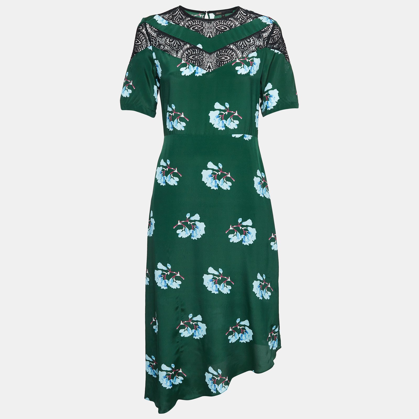 Maje Green Floral Print Lace Trim Crepe Asymmetric Midi Dress M