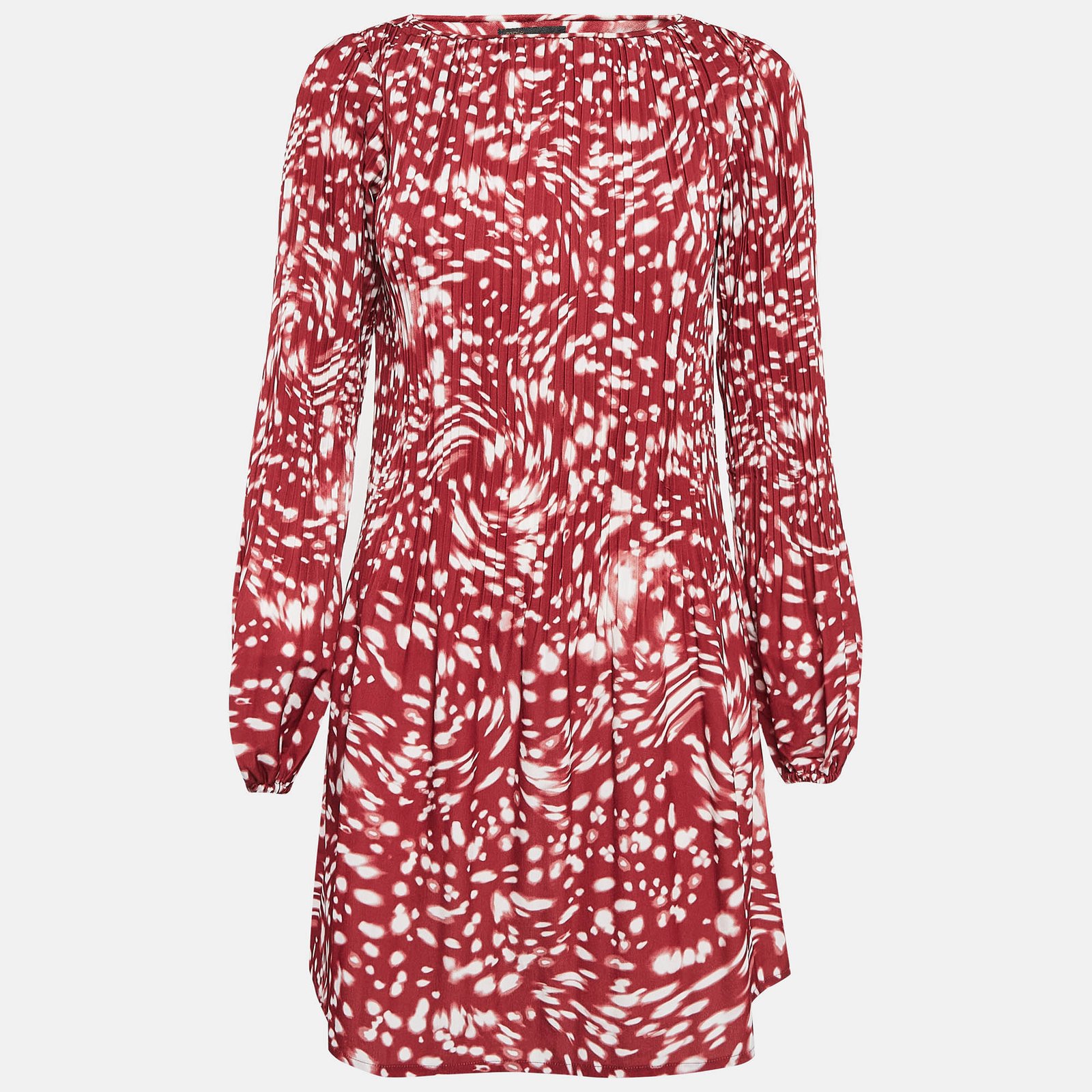 Maje Red Printed Pleated Full Sleeves Mini Dress S