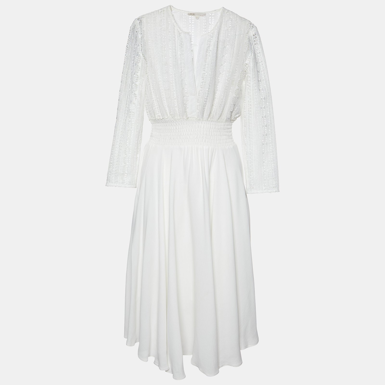 Maje White Lace & Crepe Flared Midi Dress S
