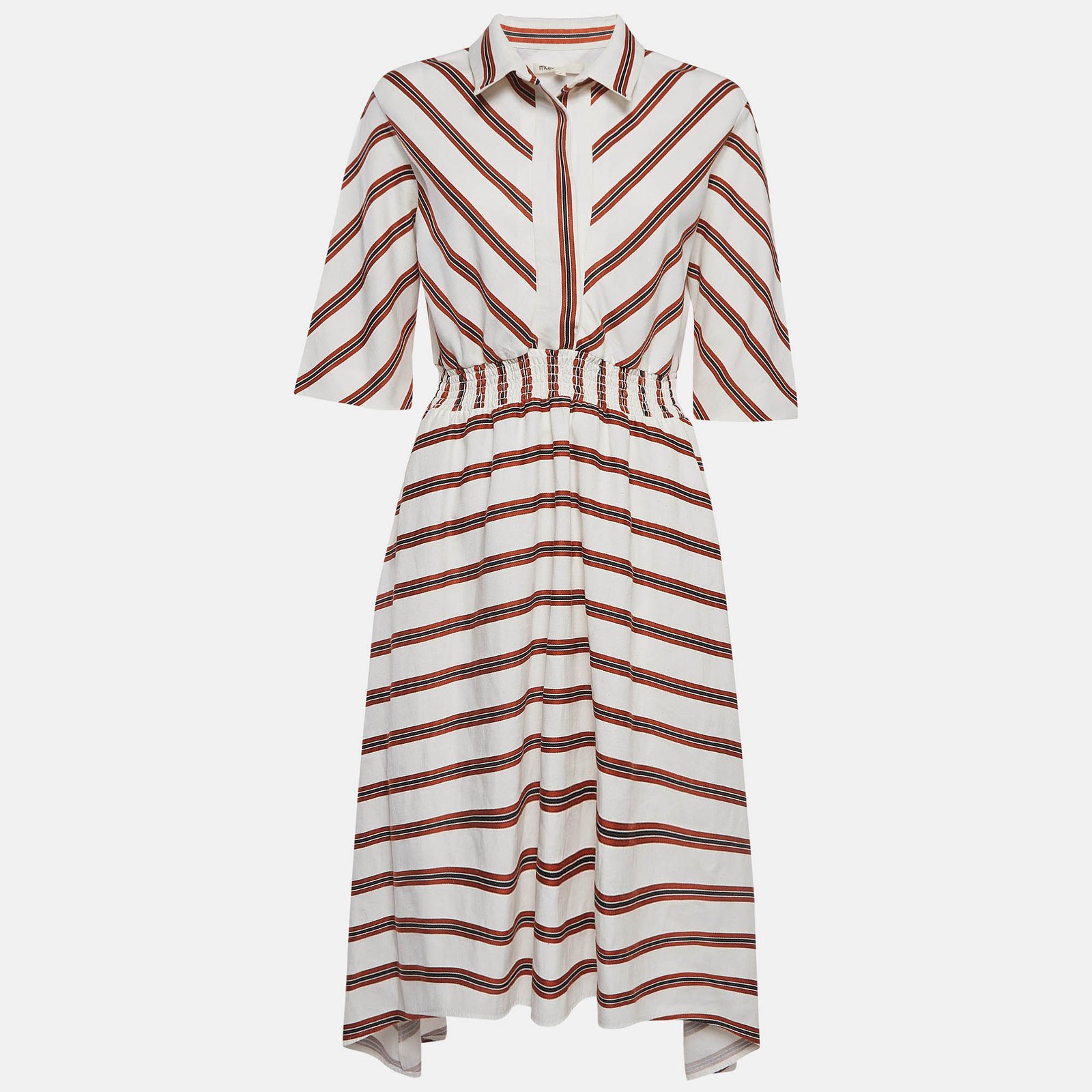Maje White/Red Striped Gabardine Asymmetric Midi Dress XL