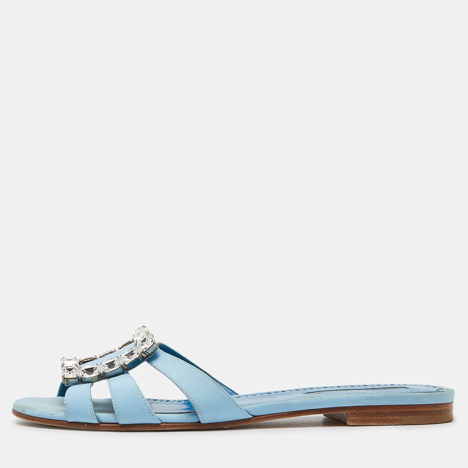 Manolo Blahnik Blue Fabric Crystal Embellished Flat Slides Size 40