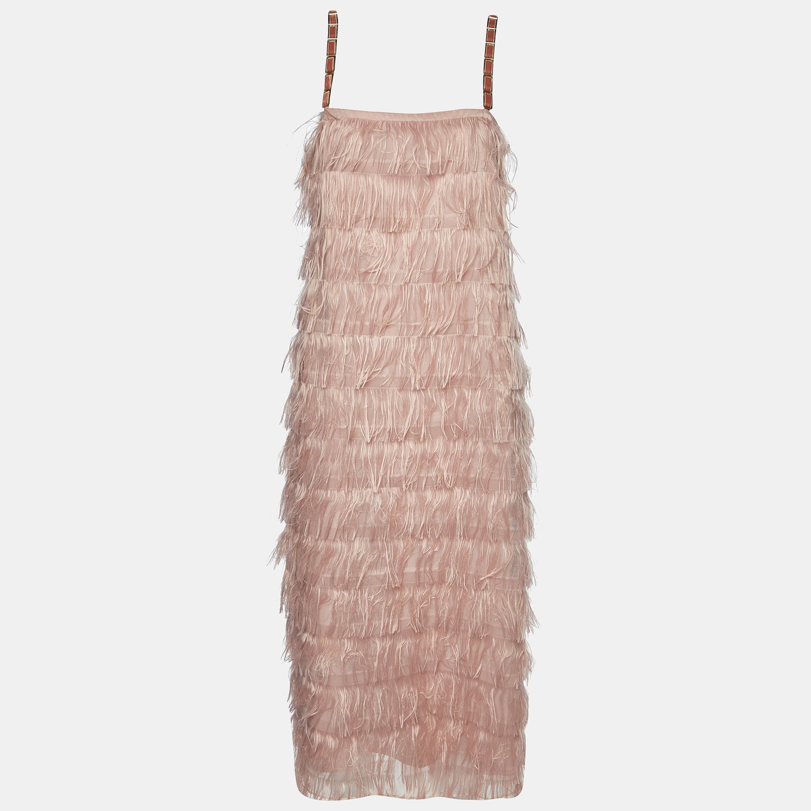 Max Mara Pink Synthetic Feather Tiered Midi Dress M
