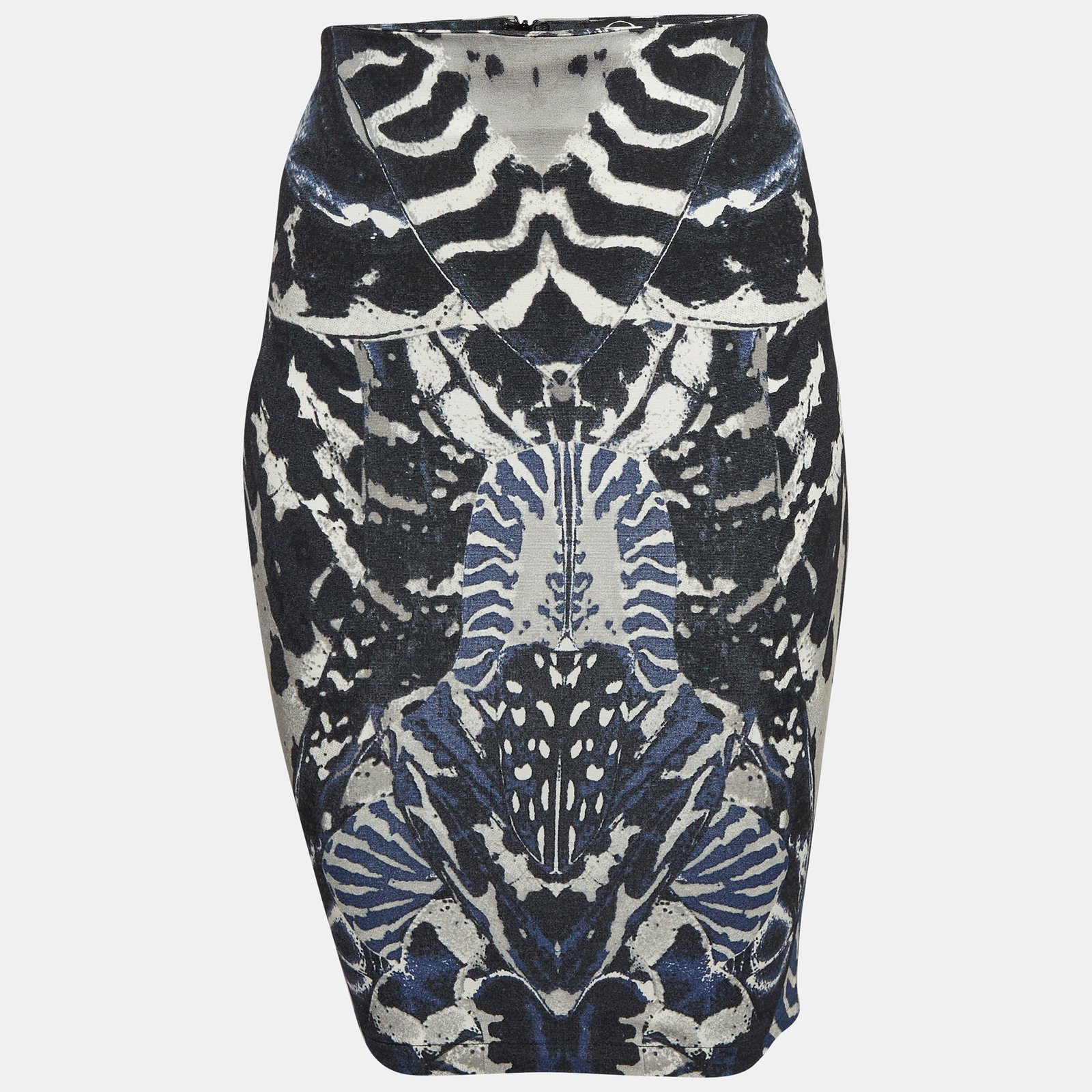 McQ by Alexander McQueen Blue Beetle Print Crepe Pencil Skirt XS