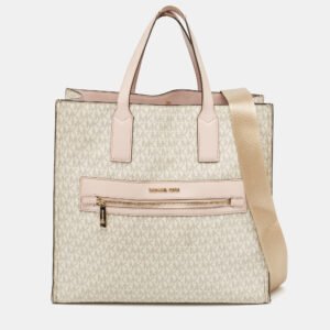 Michael Kors Off White/Pink Signature Coated Canvas Large Kenly Tote