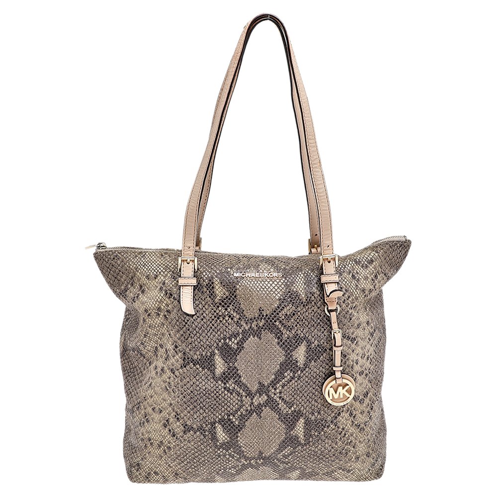 MICHAEL Michael Kors Khaki/Black Python Effect Leather Tote