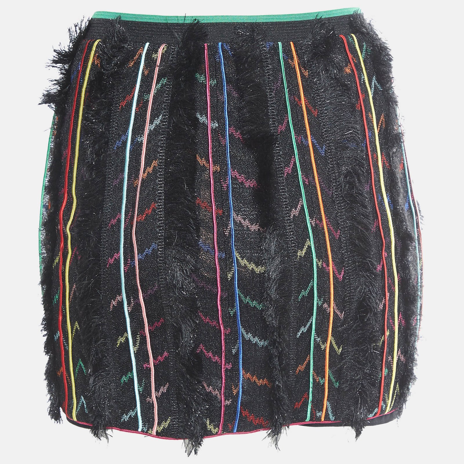 Missoni Black Stripe Lurex Knit Fringed Mini Skirt S