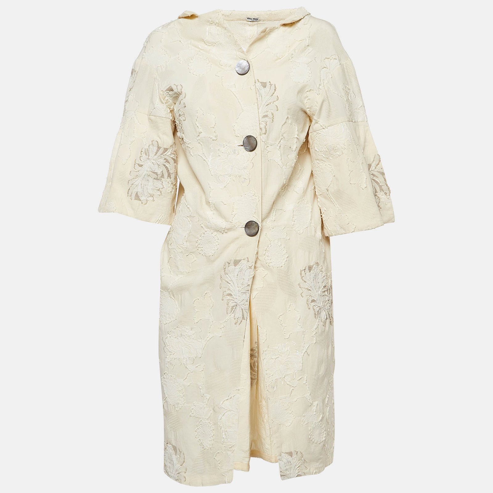 Miu Miu Cream Textured Floral Jacquard Buttoned Mini Shirt Dress M