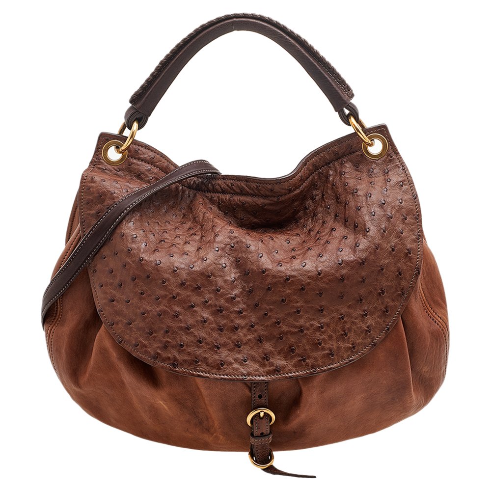 Miu Miu Brown Ostrich And Leather Top Handle Bag