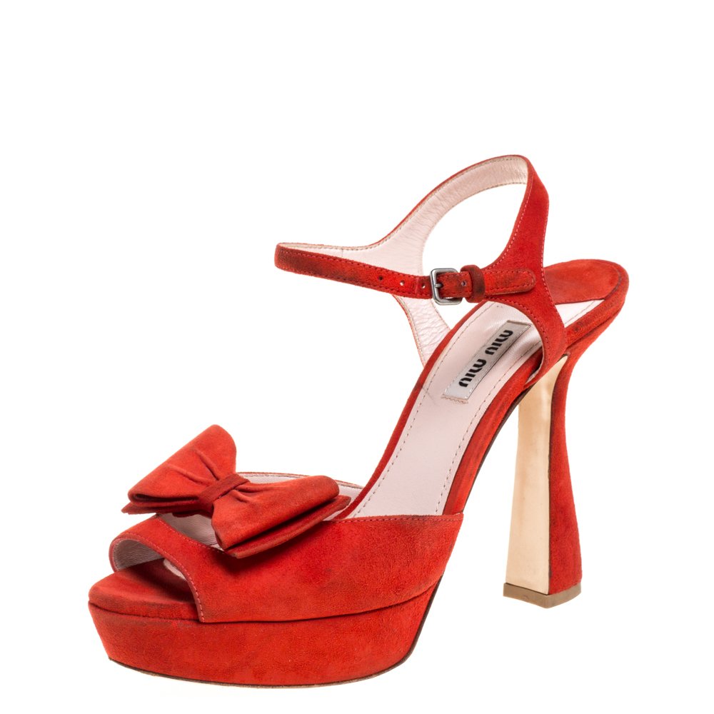 Miu Miu Red Suede Bow Ankle Strap Platform Sandals Size 39