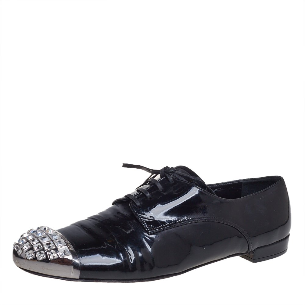 Miu Miu Black Patent Leather Crystal Embellished Cap Toe Oxfords Size 40