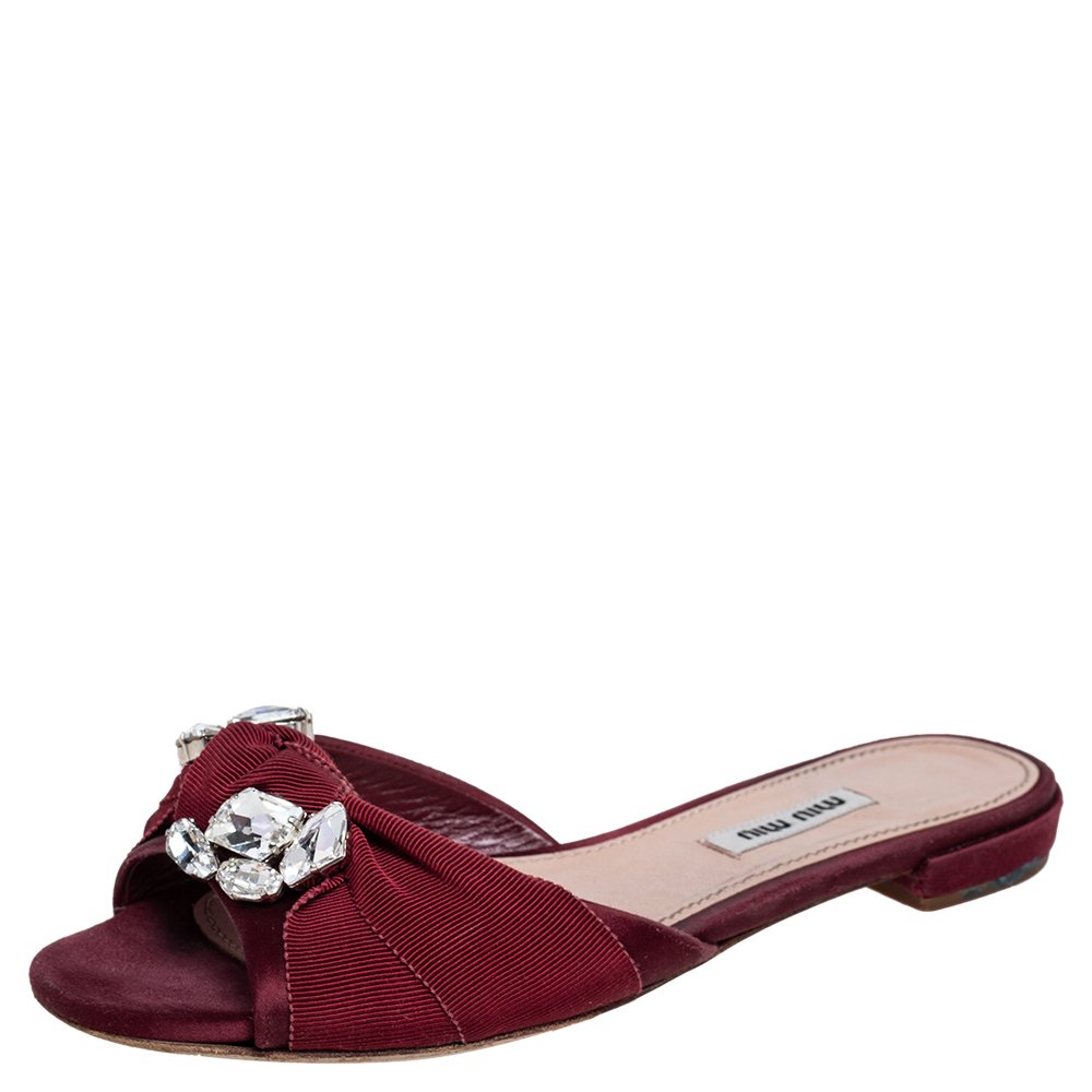 Miu Miu Burgundy Satin and Fabric Knot Slide Flats Size 37.5