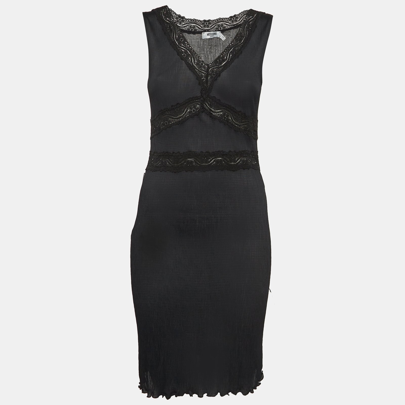 Moschino Jeans Black Lace Trim Stretch Crepe Sleeveless Mini Dress M