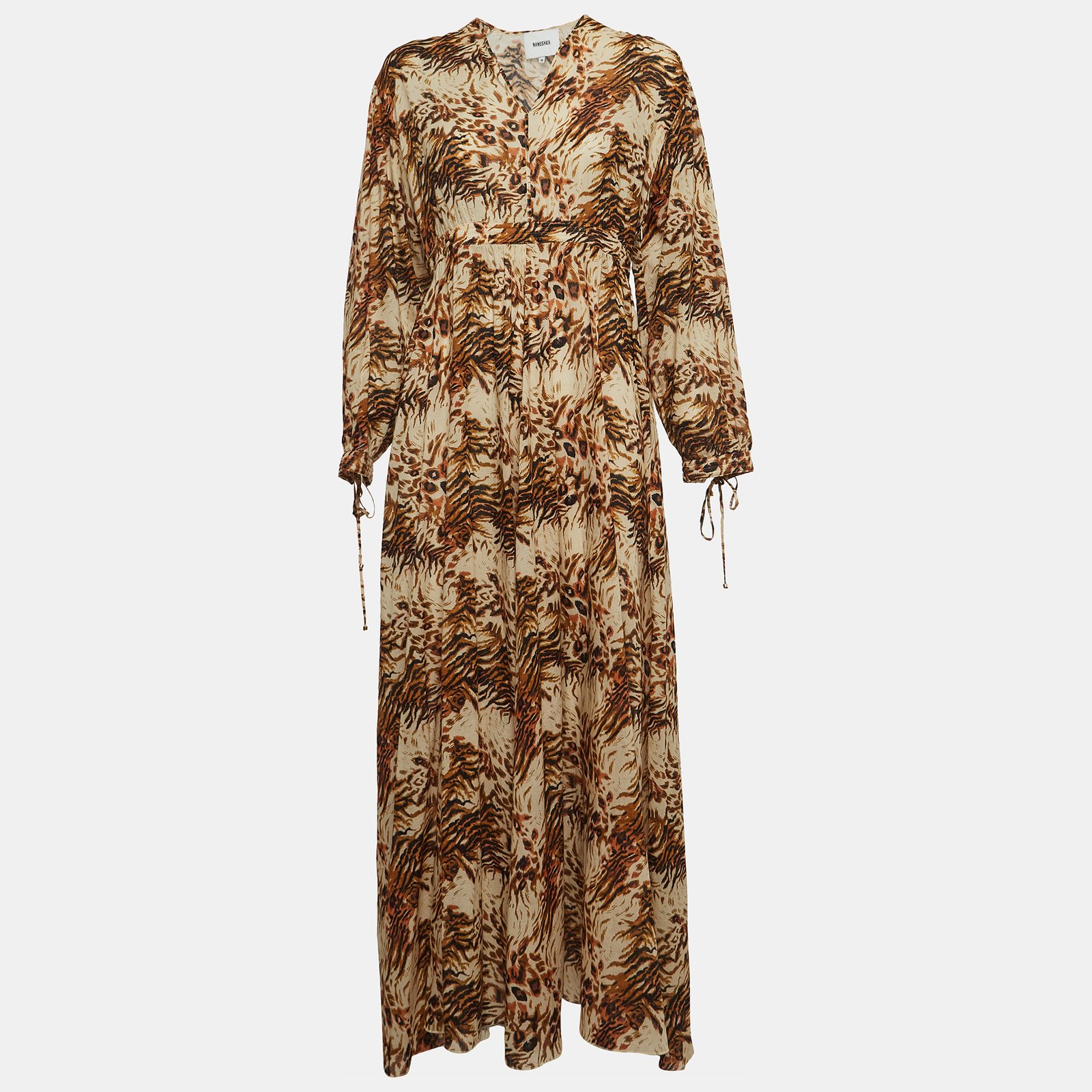 Nanushka Brown Printed Cotton V Neck Maxi Dress M