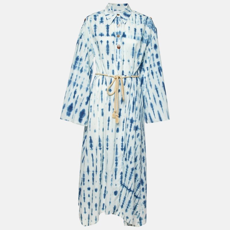 Nanushka Blue Tie-Dye Print  Cotton Belted Long Dress XS