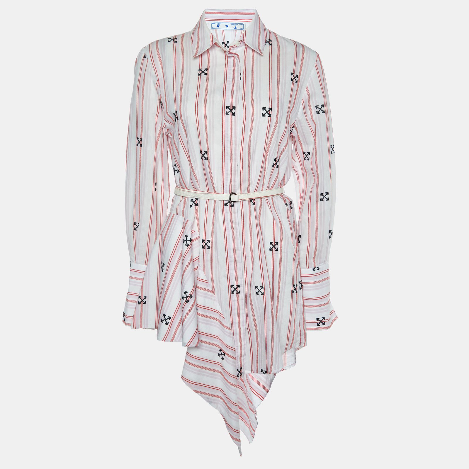 Off-White White Stripe & Embroidered Cotton Blend Shirt Dress S